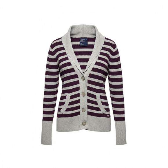 Y2k American Eagle Striped Gray/Purple Shawl Collar Cardigan Sweater Size M - Picture 1 of 11